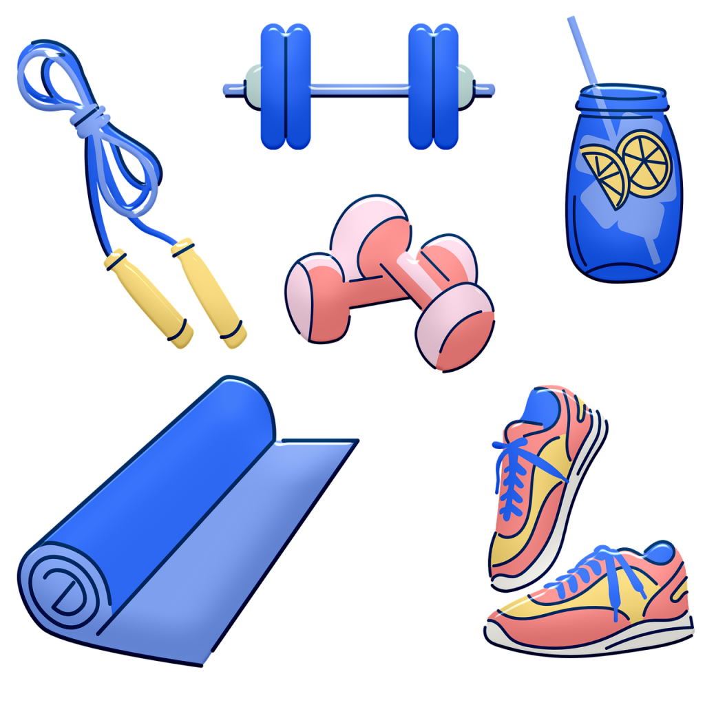 workout equipment, weights, sports drink