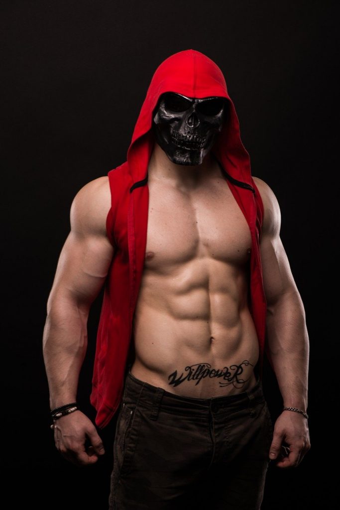 skull mask, muscular man, bodybuilding